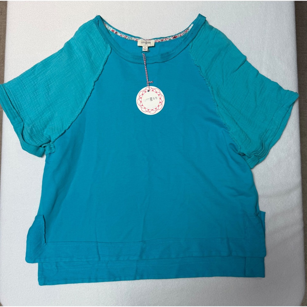 Umgee Sandy Shores Aqua Blue Mixed Media Gauze Sleeve Top K7921 Womens Small NEW